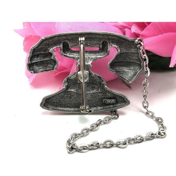 Vintage JJ Jonette Telephone Brooch Rotary Dial‎ Phone Pewter and Rhinestone Pin - Picture 4 of 10